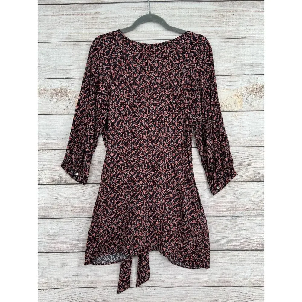 Free People V-Neck Floral Tie Front Mini‎ Dress Women's Size Medium Black/Pink